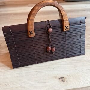 Brown Wooden Handbag with Beaded‎ Accents